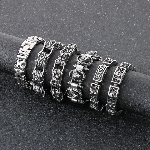 Men Retro Stainless Steel Link Bracelet Carved Skull Lion Wolf Head Punk Gothic Biker Fashion Jewelry Gift