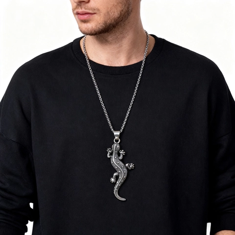 Collana Con Pendente Geco Lucertola Acciaio Inossidabile Gothic Punk Hip Hop Gioielli Retro Per Uomo Tono Argento