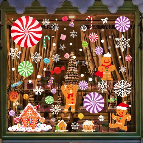 Pegatinas Navidad Ventana Estáticas PVC Hombre Jengibre Bastón Caramelo Copo Nieve Decoración Festiva Calcomanías Doble Cara