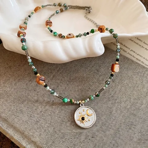 Collar De Cuentas Bohemio Con Colgante De Sol Y Luna De Acero Inoxidable Piedras Naturales Conchas Estilo Étnico Para Mujer
