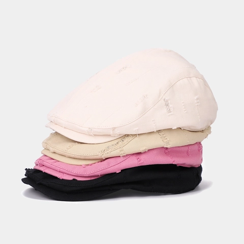 Retro Distressed Ivy Cap Cotton Canvas Ripped Flat Hat Vintage British Style Short Brim For Men Women Streetwear Adjustable
