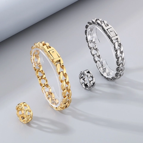 Pulsera Y Anillo De Cadena Cubana Acero Inoxidable Patrón Tallado Estilo Hip Hop Joyería Para Hombres