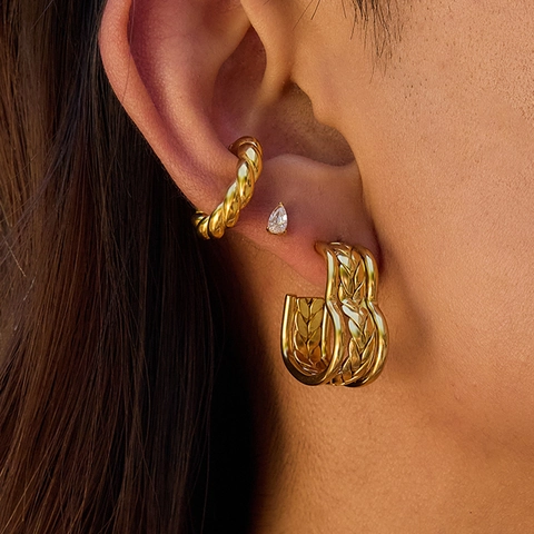 Pendientes Aro Corazón Stud Acero Inoxidable Chapado Oro Textura Trenzada Torcida Impermeable Hipoalergénico Joyas Mujeres