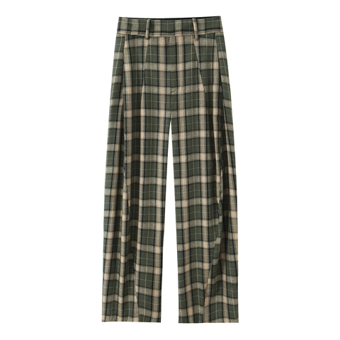 Geruite Broek Met Hoge Taille Dames Wijde Pijpen Recht Trousers Polyester Geweven Vintage Plaid Stijl Casual Streetwear