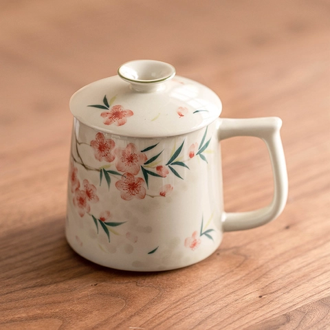 Mug In Ceramica Con Coperchio Dipinta A Mano Fiori Di Pesco Stile Cinese Tazza Da Tè In Porcellana Per Ufficio Regalo Donne
