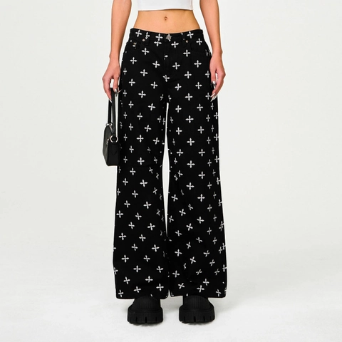 Women Pure Cotton Wide Leg Jeans All Over Cross Flower Print High Waisted Loose Streetwear Denim Pants Casual