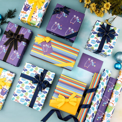 Cartoon Monster Gift Wrapping Paper Kraft Paper Colorful Stripes Birthday Party DIY Crafts For Kids