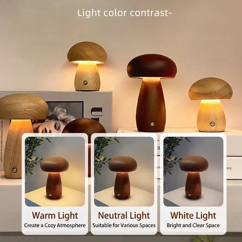Pilz Nachtlicht Massivholz Tri-Color Dimmbar Touchsteuerung USB Wiederaufladbar Nordisch Schreibtisch Nachttischlampe Deko