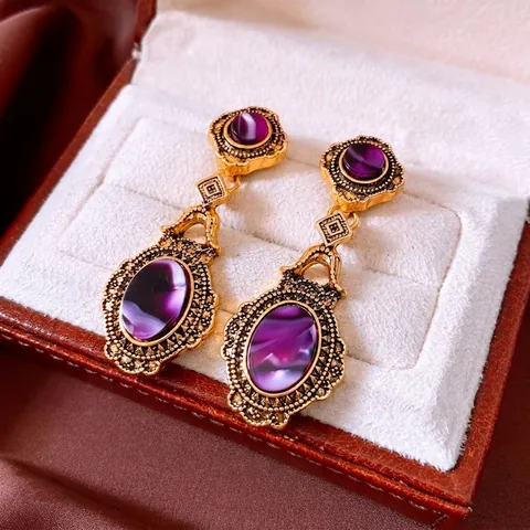 Orecchini Pendenti Ovali Stile Palazzo Vintage Da Donna Lega Viola Resina Con Perno In Argento Elegante