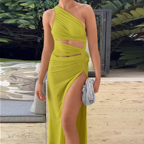 Abito Lungo Monospalla Arricciato Cut Out Spacco Alto Sexy Festa Elegante Poliestere Spandex Donne Bodycon Lungo