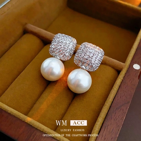 Square Zircon Round Artificial Pearl Drop Earrings Copper With 925 Sterling Silver Earring Post French Chic Elegant Women