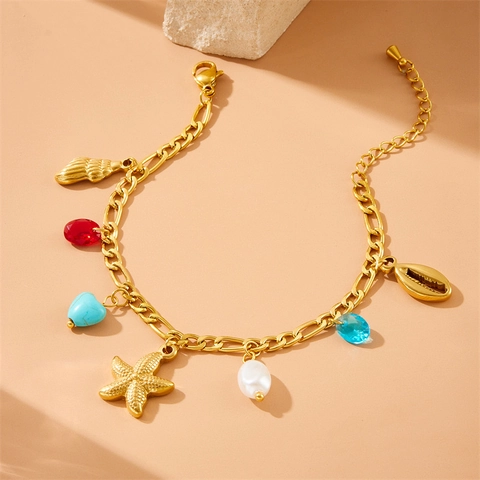 Bracciale Con Ciondoli Acciaio Inossidabile Placcato Oro Oceano Stella Marina Tartaruga Conchiglia Perla Artificial Pietra Colorata Donne Spiaggia Estate
