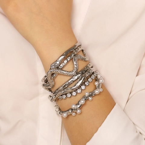 Stainless Steel Textured Wave Cuff Bracelet Zircon Artificial Pearl Inlay Waterproof Hypoallergenic Jewelry For Women
