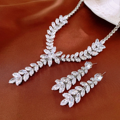Elegante Tarwe Ear Blad Kwastje Sieraden Zirkoon Koperen Ketting Oorbellen Voor Vrouwen Zilveren Oorbel Post Stijl