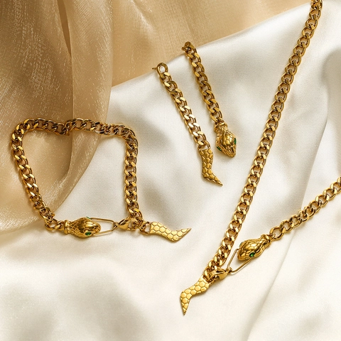 Collana Pendente Serpente Acciaio Titanio Placcato Oro 18K Catena Cubana Occhi Zircone Verde Gioielli Per Donna Vintage Tendenza