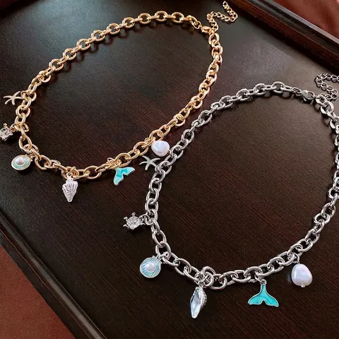 Ocean Theme Fish Tail Shell Starfish Pendant Necklace Alloy Imitation Artificial Pearl Rhinestone Chunky Chain Summer Beach Jewelry