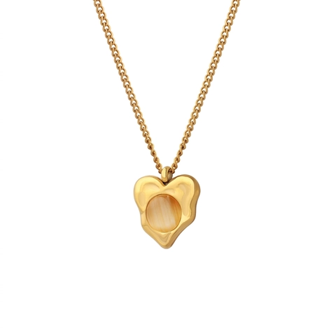 Heart Pendant Necklace Stainless Steel With Cat's Eye Stone Gold Plated Irregular Clavicle Chain For Women Retro Style