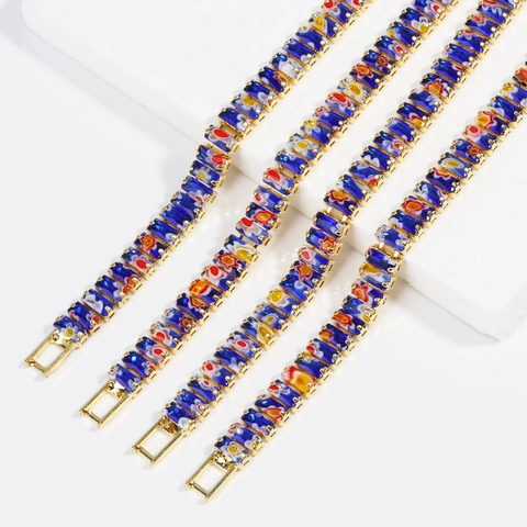 Millefiori Glas Armband Rechteckig Bunt Blumenmuster Messing Vergoldet Böhmisch Mode Schmuck Für Damen