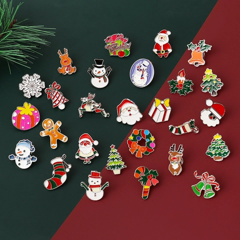 Christmas Enamel Brooch Pins Cartoon Santa Snowman Reindeer Tree Festive Zinc Alloy Jewelry Accessory Gift