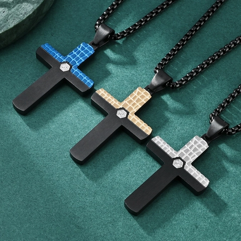 Collana Con Pendente A Croce In Acciaio Inossidabile Da Uomo Texture A Griglia Bicolore Lucido Gioielli Hip Hop Punk