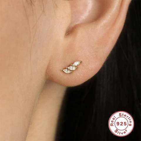 925 Sterling Silver Stud Earrings For Women Minimalist Marquise Zirconia Geometric Earrings Elegant Jewelry For Daily Office Wear