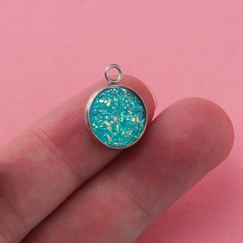 Colgante Redondo Acero Inoxidable Resina Cielo Estrellado Druzy Para Fabricación Joyas DIY Collar Pulsera Accesorios