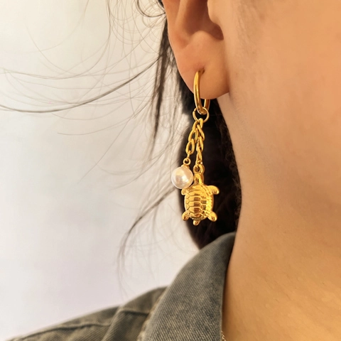 Turtle Hoop Earrings Stainless Steel Gold Plated With Faux Artificial Pearl Ocean Style Vintage Dainty Drop Jewelry For Women