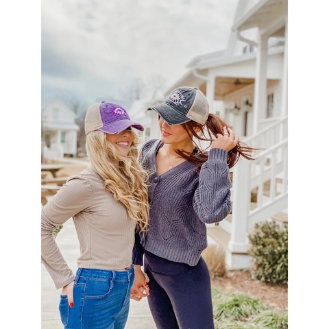 Women Ponytail Baseball Cap Washed Cotton Distressed Mesh Back Criss Cross Geometric Embroidery Adjustable Trucker Hat