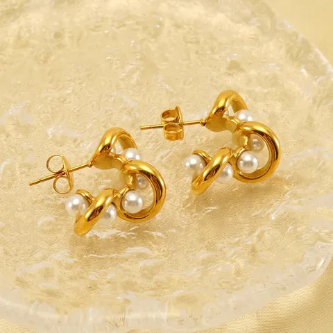 Hoop C-Form Gedrehte Künstliche Perlenohrringe 18K Vergoldet Edelstahl Retro Französischer Stil Schmuck Damen Elegant