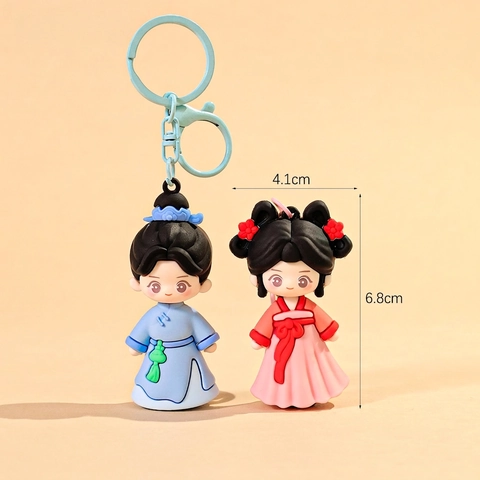 Portachiavi Statuetta Coppia Cartone Animato PVC Gomma Morbida Lega Zinco Stile Cinese Tradizionale Hanfu Q-Version Ciondolo Borsa