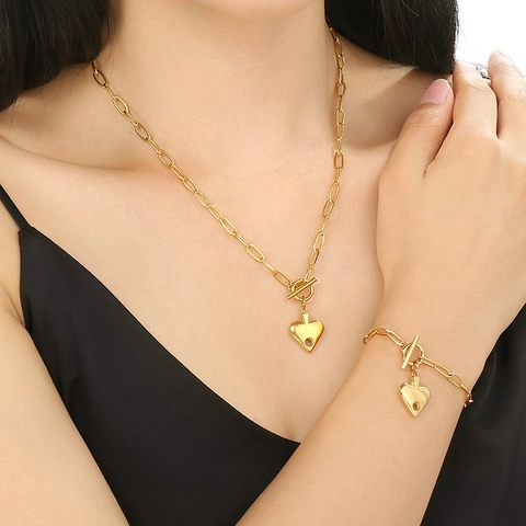 Collar Y Pulsera Joyería Con Colgante De Corazón Pica Y Cierre De Palanca Acero Inoxidable Chapado En Oro De 18 Quilates Cadena De Clip Moda Mujer