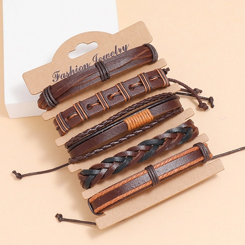Retro Gevlochten Leren Armbanden Multi-Layered Geweven Wax Touw Hennep Koord Houten Kralen Verstelbare Unisex Punk Sieraden