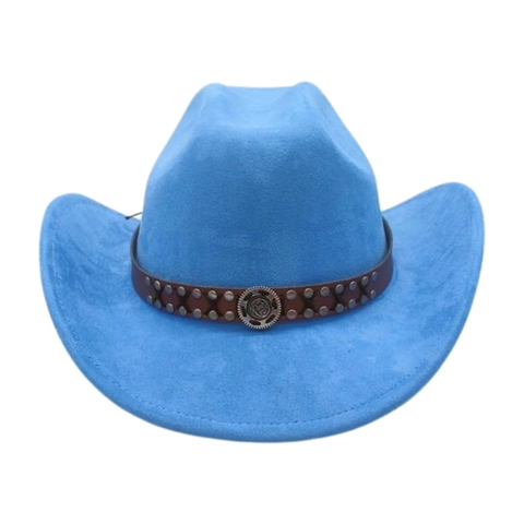 Chapeau De Cow-boy Western Rétro Daim Feutre Large Bord Jazz Fedora Avec Bande Cuir Rivets Et Badge Métal Concho