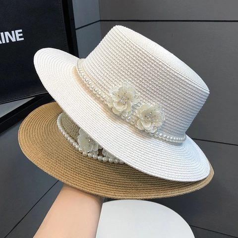 Damen Strohhut Mit Künstliche Perlen Und Blumenbreiter Krempe Sonnenschutz Verstellbar Elegant Sommer Strand Reise Accessoire