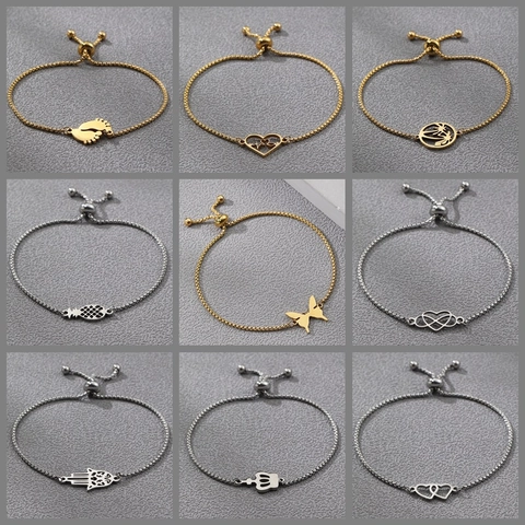 Verstellbares Edelstahl Armband Schiebe Bolo Verschluss Herz Schmetterling Krone Hamsa Hand Anhänger Poliert Unisex