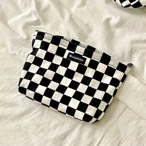 Canvas Schachbrett Make-up Tasche Große Kapazität Tragbare Kosmetiktasche Schwarz Weiß Gitter Reise Kulturbeutel Organizer