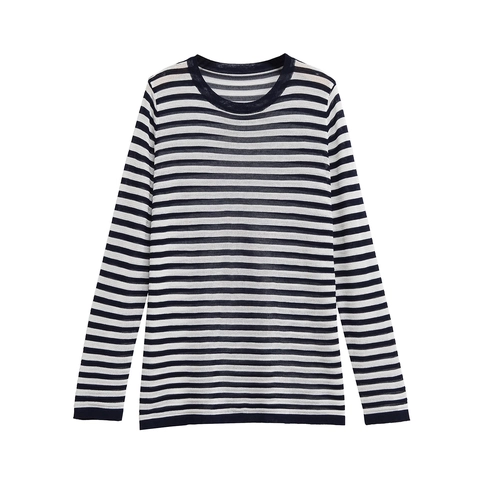 Camiseta de Punto a Rayas Casual para Mujer Manga Larga Cuello Redondo Pullover Ligero Primavera Otoño Top de Punto a Rayas