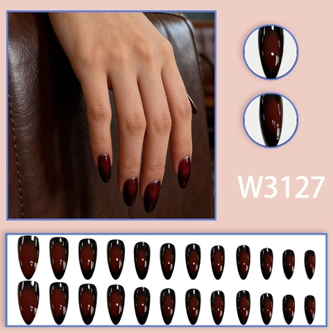 Press On Nails Almond Shape Glossy Wine Red Black Gradient Long Ombre False Nails For Women Professional Finish Daily Wear