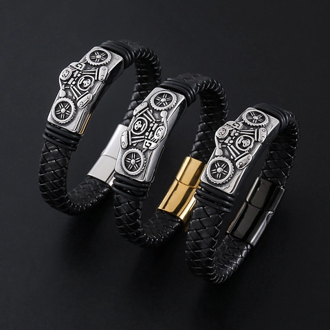 Men Braided Leather Bracelet With 304 Stainless Steel Motorcycle Gear Decoration Punk Retro Biker Magnetic Buckle Wristband
