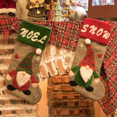 Calze Di Natale Ornamenti Da Appendere Maglia Gnomo Tomte Noel Snow Ricamo Feltro Grigio Spina Di Pesce