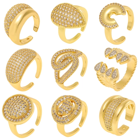 Geometric Copper Adjustable Open Ring Micro Inlaid Zircon Gold Plated Fashion Minimalist Jewelry For Women