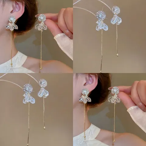 Lange Quasten Ohrhänger Strass Rund Transparente Kristallblume Goldton Kupfer Mit Silber Ohrstecker Elegant