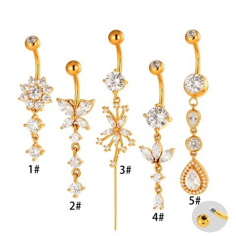 Stainless Steel Dangle Belly Button Rings For Women Butterfly Flower Cubic Zirconia Navel Rings Piercing Jewelry