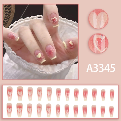 Press On Nails Long Coffin Ballerina Shape Heart Print Pink Blush Gradient French Tips Glossy False Nails