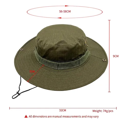 Outdoor Tactical Boonie Hat Sun Protection Wide Brim Ripstop Polyester Breathable Fishing Hiking Adjustable Chin Strap