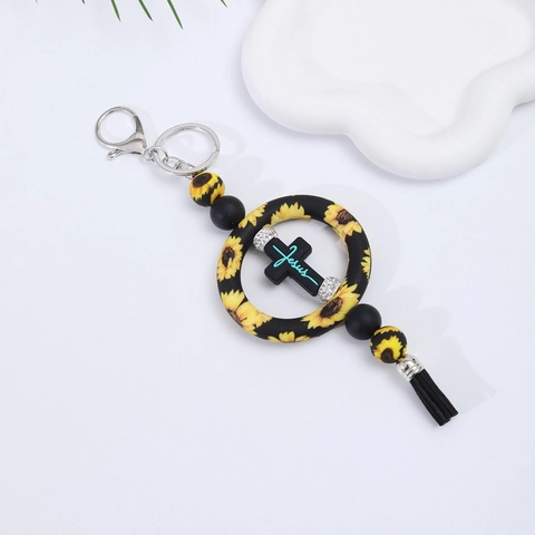 Handgefertigte Kunststoff Harz Kreuz Auto Hängender Schlüsselanhänger Mit Quaste Sonnenblume Leopardenmuster Religiöses Ornament Für Auto Damen