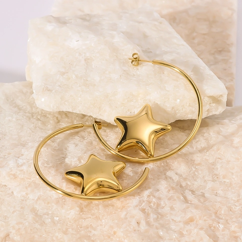 Stainless Steel Star Hoop Earrings 18K Gold Plated Hollow C-Shaped Statement Jewelry For Women Ins Style Geometric