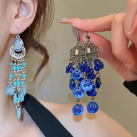 Pendientes De Borla Étnicos Vintage Bohemios Concha Cuentas De Resina Mariposa Joyería Geométrica Con Poste De Plata