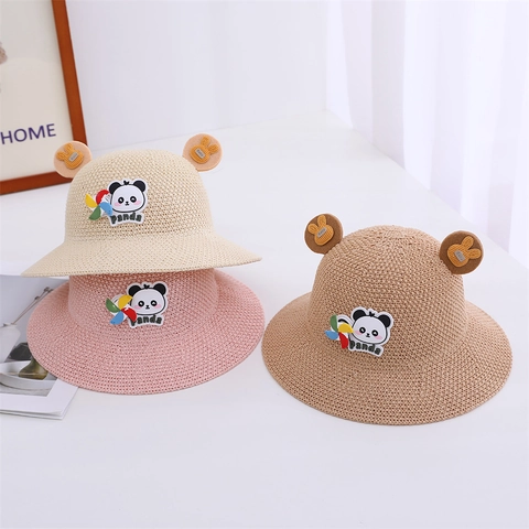 Sombrero Paja Verano Niños Protección Solar Transpirable Playa Panda Lindo Orejas Estéreo Molinillo Viento Tejido