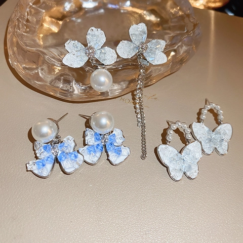 Asymmetric Flower Butterfly Earrings With 925 Sterling Silver Earring Post Imitation Artificial Pearl Long Tassel Elegant For Women